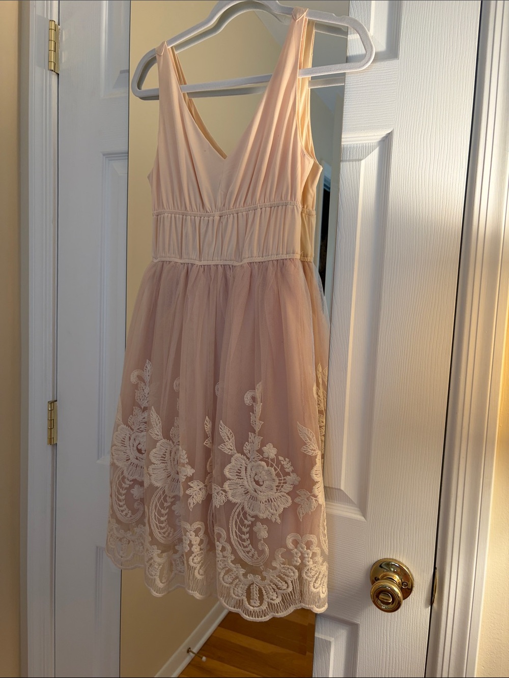 Pinky Blush Pink Lace Overlay V-Neck Skater Dress